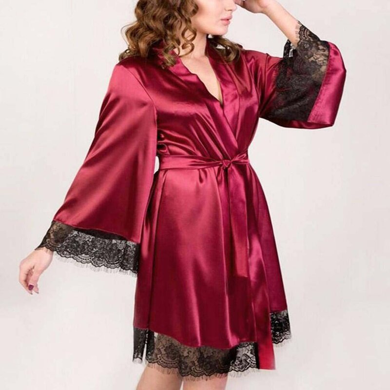 Vêtements de nuit en Satin soie et dentelle pour femmes, Kimono, Robe de nuit, pour la saint-valentin, Sexy, S-2XL, 2023