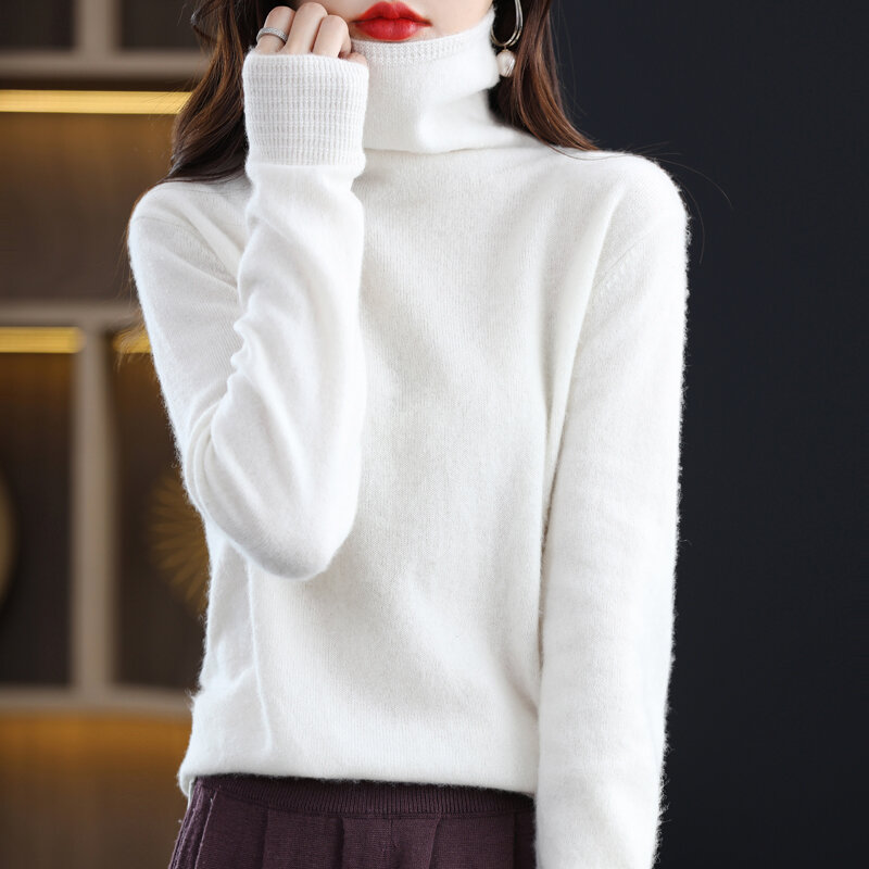 Sweter Kerah Tumpuk Musim Gugur dan Dingin Baru Sweter Mode Mulus Lini Pertama Wanita 100% Sweter Rajut Longgar Dukungan Wol Insid