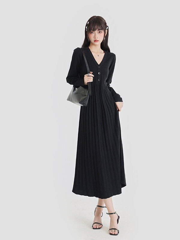 2022 New Fall Winter Women knitting Dress Korean Female V-neck Solid Slimmin Long Sleeve High Waist Midi Dress A-line skirt