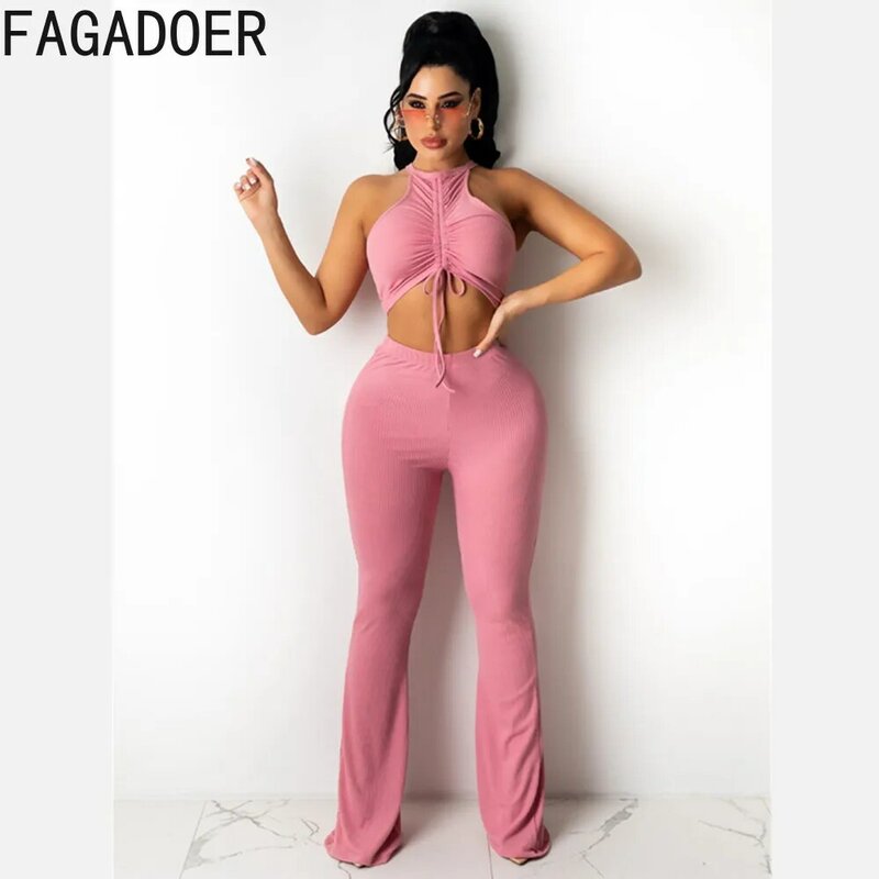 FAGADOER Sexy Lace Up Drawstring Sleeveeless Crop Top And Skinny Pants Two Piece Sets Women Casual Solid Matching Outfits 2022