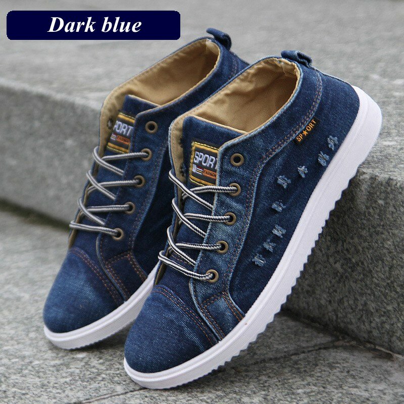 British Style Men Casual Shoes Denim Canvas   Sneakers 2018 High Top Black Man Ankle Boots Flat Footwear Chaussure Homme