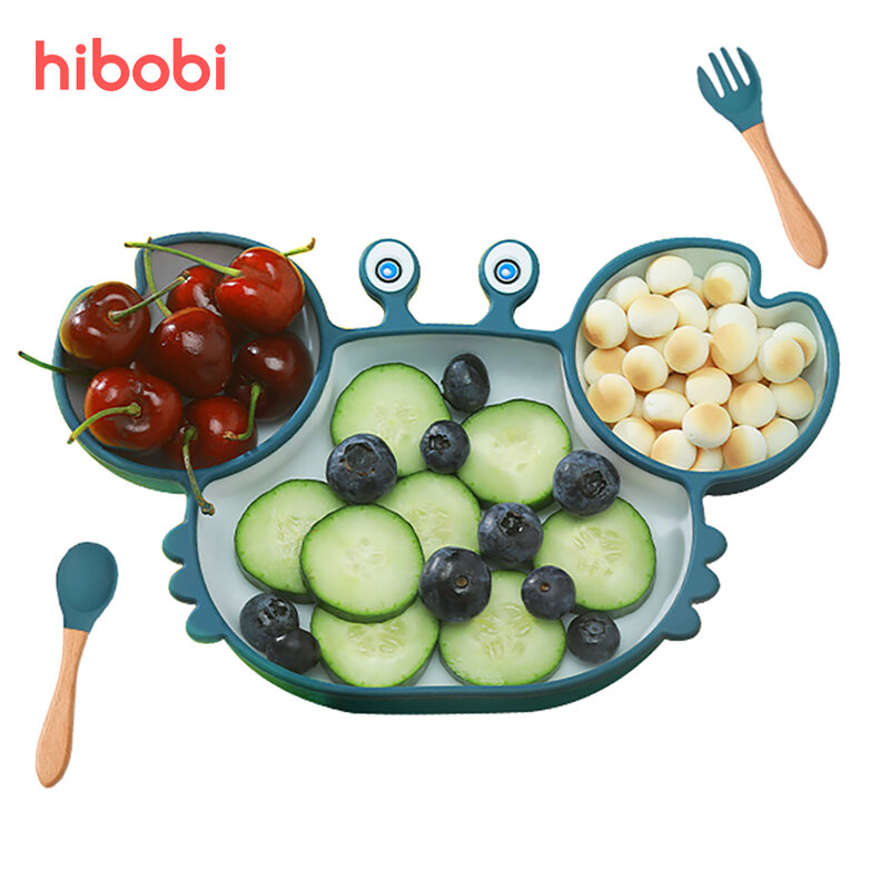 Hibobi Peralatan Makan Bayi Mangkuk Sendok Silikon Hisap Makanan BPA Gratis Anti-selip Hidangan Bayi Mangkuk Makan Makanan Kepiting untuk Anak-anak