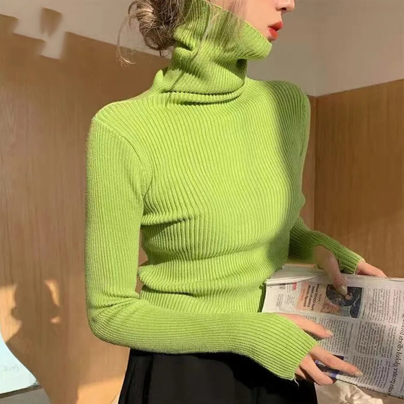 Autumn fashion knitted high neck Pullover Sweater women's new long sleeved sweater bottom shirt elegant women's sweater Pullover