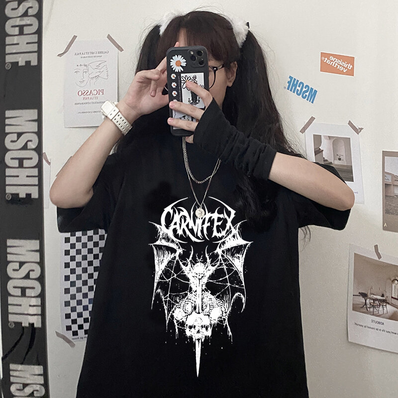 Harajuku preto topos impressão diablo solto manga curta kawaii anime gráfico t camisa superior feminino camisetas masculinas femininas goth y2k