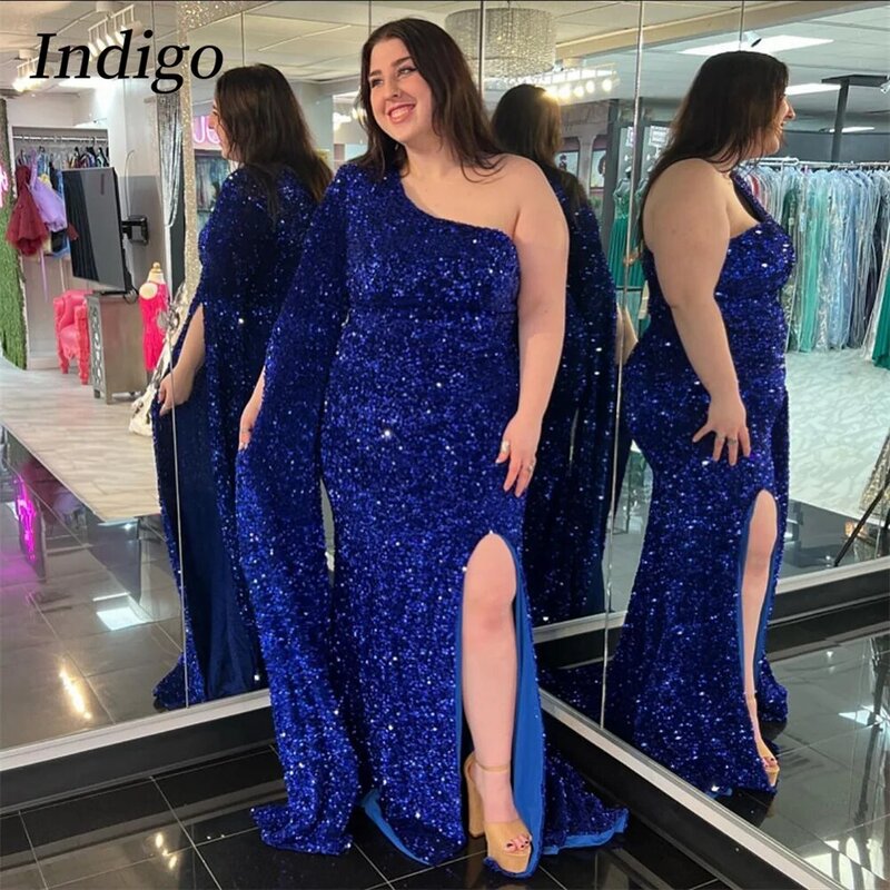 Indigo One Shoulder Sequined Sexy Mermaid Prom Dress  Long Sleeves High Side Slit Eveing Gown Sweep Train Formal Party