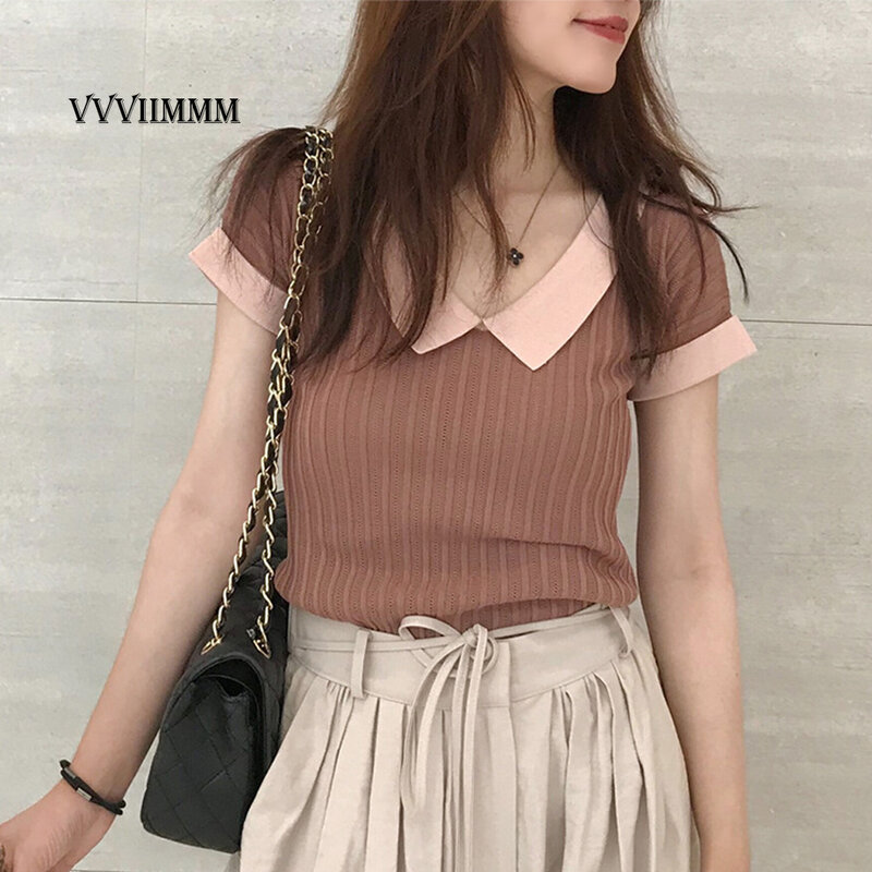 Vintage V-neck Short Sleeve T-shirt Slim Knit Shirt Slim Top Women's Wear Korean Spring Traf Paired Clothes Pullover Winter Sale