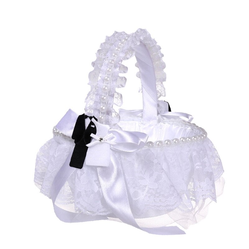 Cuscino porta anelli cesto per ragazza di fiori da sposa con pizzo e perle collezione di raso bianco cestini di fiori piccoli con manico