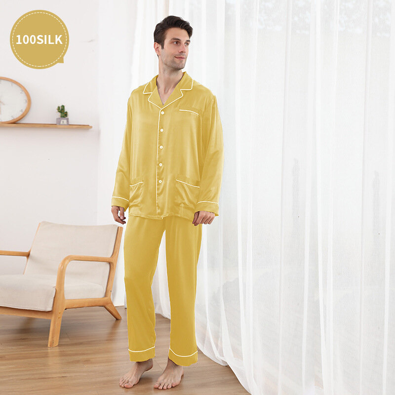 Piyama Sutra Asli Lebih Tebal 100% untuk Pria 22 Mm Baju Tidur Pria Gaya Baru Celana Panjang Lengan Panjang Set Pakaian Tidur Rumah