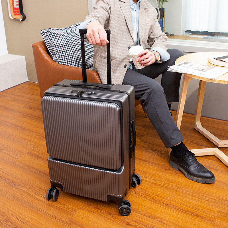 Trolley con telaio in alluminio, valigia da viaggio d'affari su ruote, valigia con borsa per laptop, bagaglio a rotelle, con Micro USB