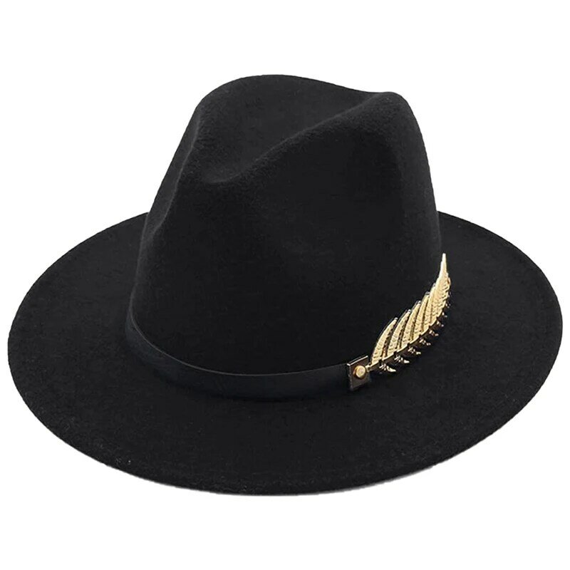 Fedoras Big Brim Hats For Women Men With Belt British Style Vintage Church Hats Flat Brim Jazz Cap Autumn Winter Wool Felt Hat