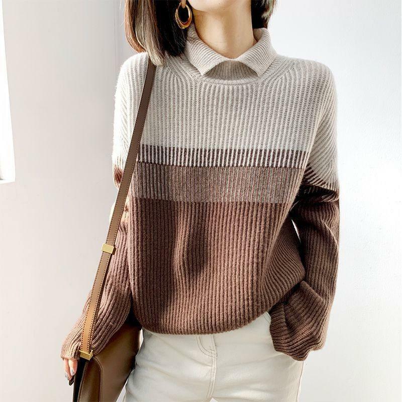 High neck contrast sweater women's 2022 autumn winter new gradient sweater bottomed shirt loose knit sweater Pullover