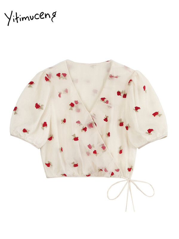 Женская блузка с вышивкой Ytimuceng, короткий топ, винтажная одежда, Новинка лета 2022, модная вышитая блузка с принтом роз и шнуровкой