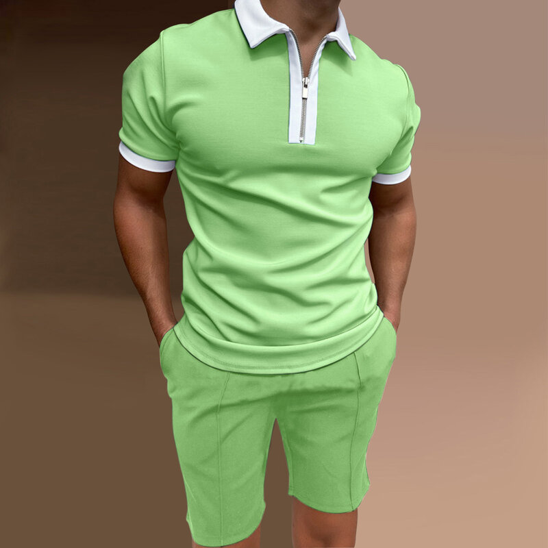 Fato de treino masculino cor sólida manga curta com zíper camisa polo & shorts definir para homem casual streetwear 2 peça terno verão de grandes dimensões