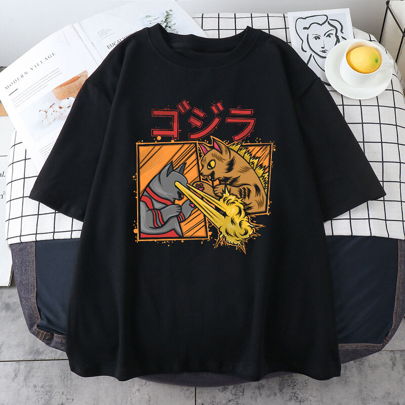 T-shirt manches courtes col rond femme, estival et esthétique, à la mode, avec chat mignon imprimé, Harajuku