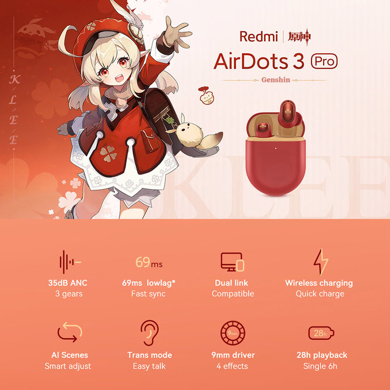 Xiaomi redmi airdots 3 pro fone de ouvido klee genshin impacto versão personalizar estilo magnético casebluetooth fones de ouvido sem fio
