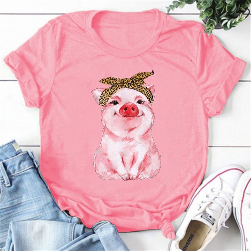 Camisetas bonitas con estampado de cerdo para mujer, camisetas informales de manga corta con cuello redondo, camisetas personalizadas creativas para mujer de verano