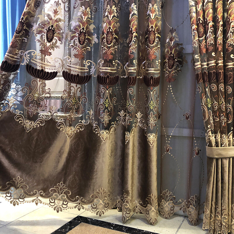 Cortinas opacas de chenilla bordadas de estilo europeo para sala de estar, cortinas de lujo para dormitorio, decoración del hogar