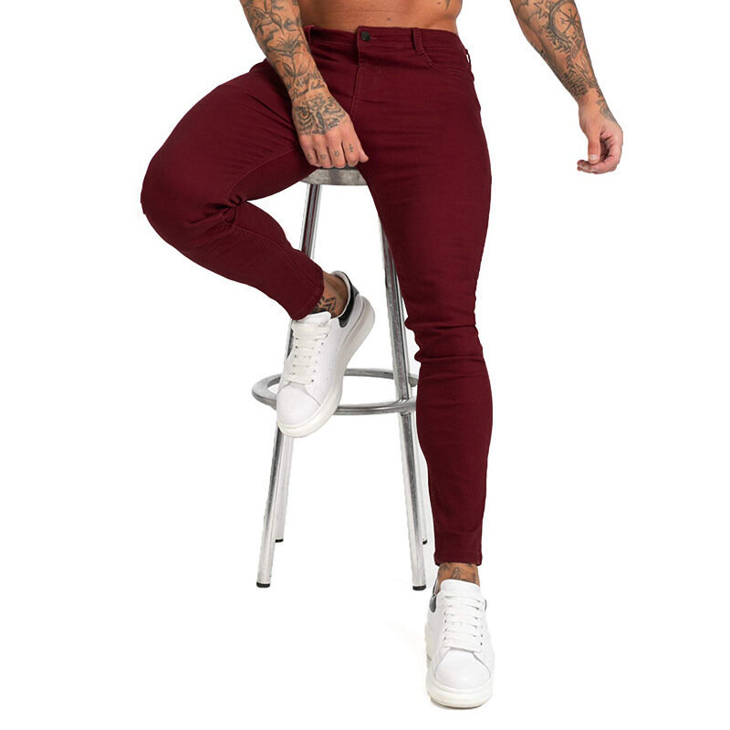 2022 new solid color men's denim trousers Ouma four seasons simple slim low-rise ripped feet pants men