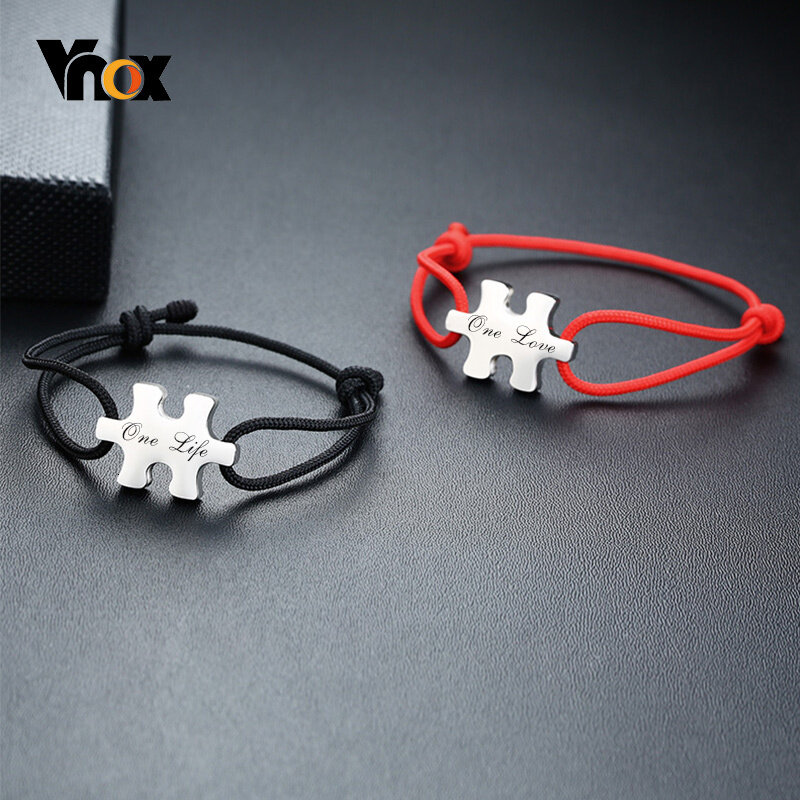 Vnox Personalisieren Gravieren Liebe Name Edelstahl Puzzles Herz Münze Charme Armbänder für Frauen Männer mit Handgemachte Seil Kette