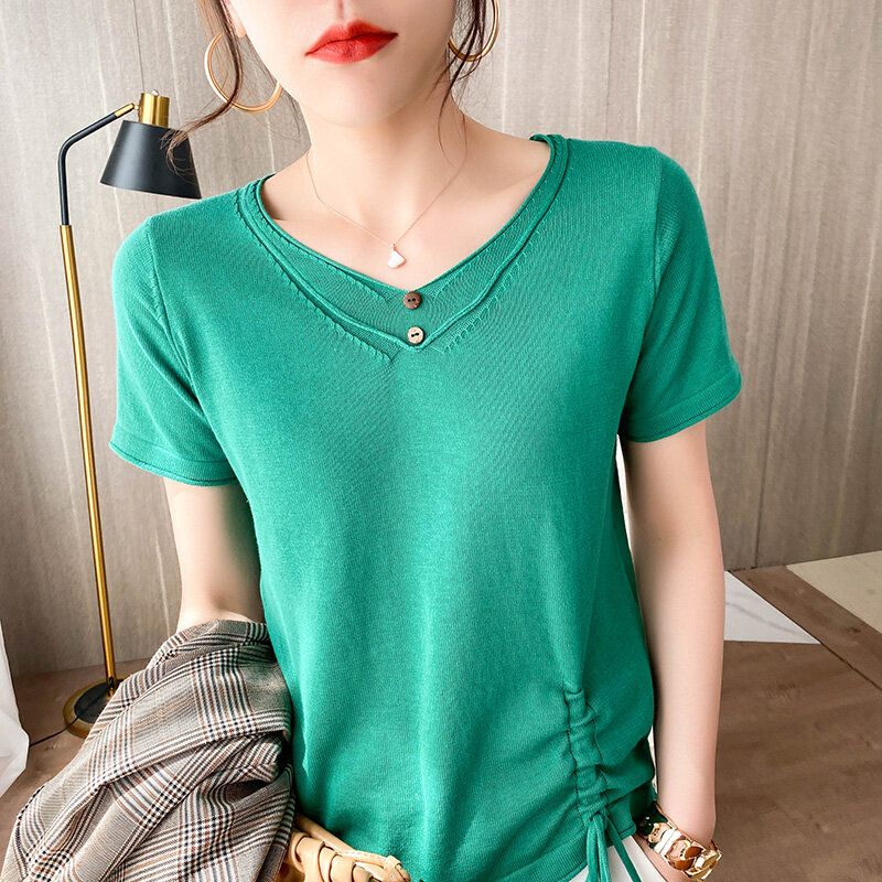 Women's New Pullover V-Neck Cotton Short-Sleeved Summer Thin Loose Cotton Linen Sweater Solid Color All-Match Fashion Halfsleeve