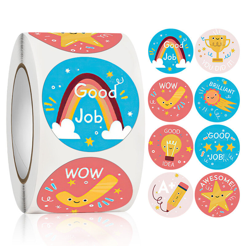 100-500pcs 25MM Round GOOD JOB 8 Designs Rainbow Star Scrapbooking  Accessories Aesthetic Stickers Motivational Stickers