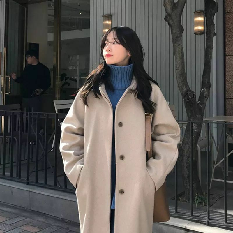 Coreano outono e inverno moda casaco de lã 2022 estilo retro hepburn feminino único breasted solto ajuste médio longo lã casaco