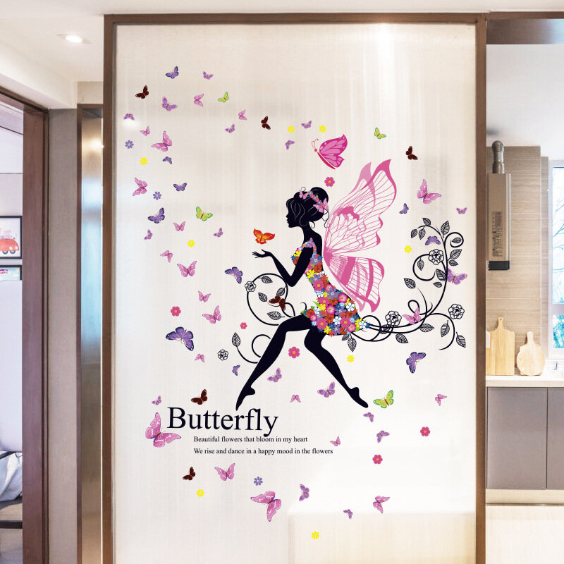 Papel tapiz autoadhesivo con dibujos animados, pegatina decorativa para pared, bonito dibujo de mariposa, flor, elfo, chica volando, dormitorio, porche, fondo