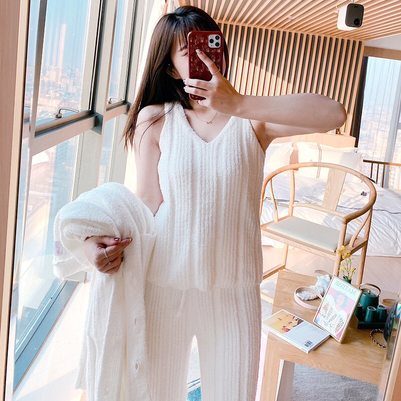 Winter Pajamas Three-piece Set Coat Vest Women Trousers Long Sleeves Warm Thick Cardigan Woolen Knitting Home Clothes Europe Pjs