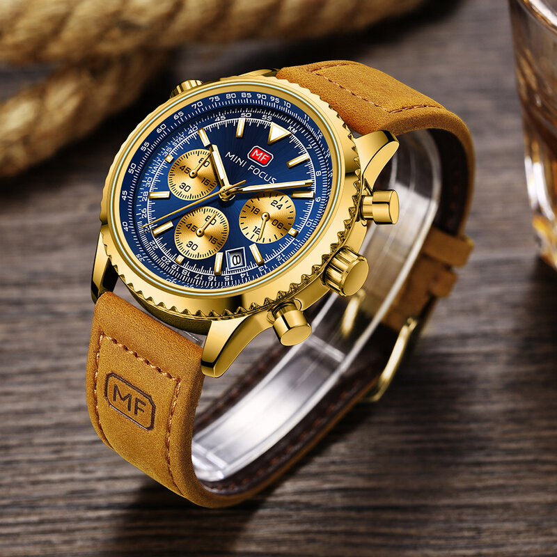 Часы наручные MINI FOCUS мужские кварцевые, брендовые Роскошные водонепроницаемые спортивные в стиле милитари, с кожаным ремешком