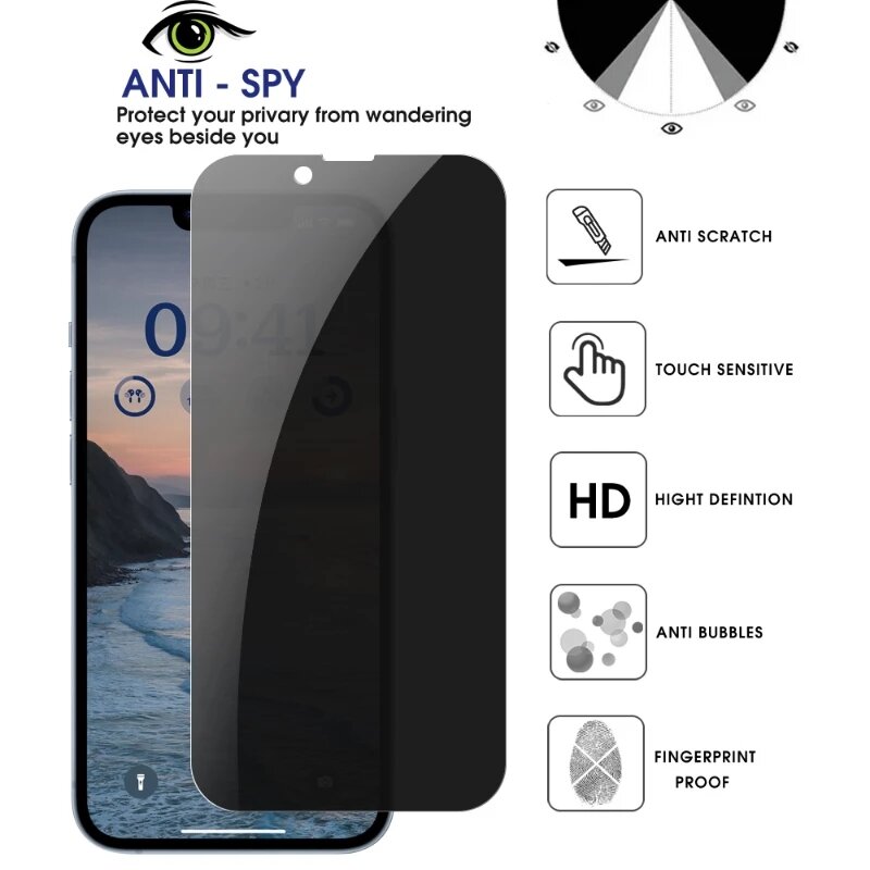 Protector de pantalla de privacidad de cobertura completa para iPhone 13 14 Pro Max 11 PRO 12 Mini 6 8 7 Plus X XR XS SE 14Plus, vidrio templado antiespía