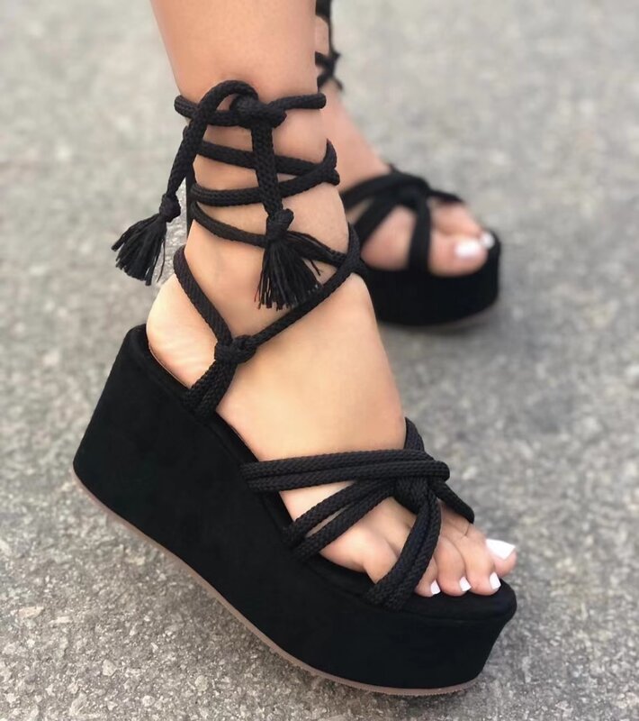 2022 INS Dropship Bohemia Style Vacation High Heels Summer T-Strap Party Sandals Platform Shoes Women Large Size 43
