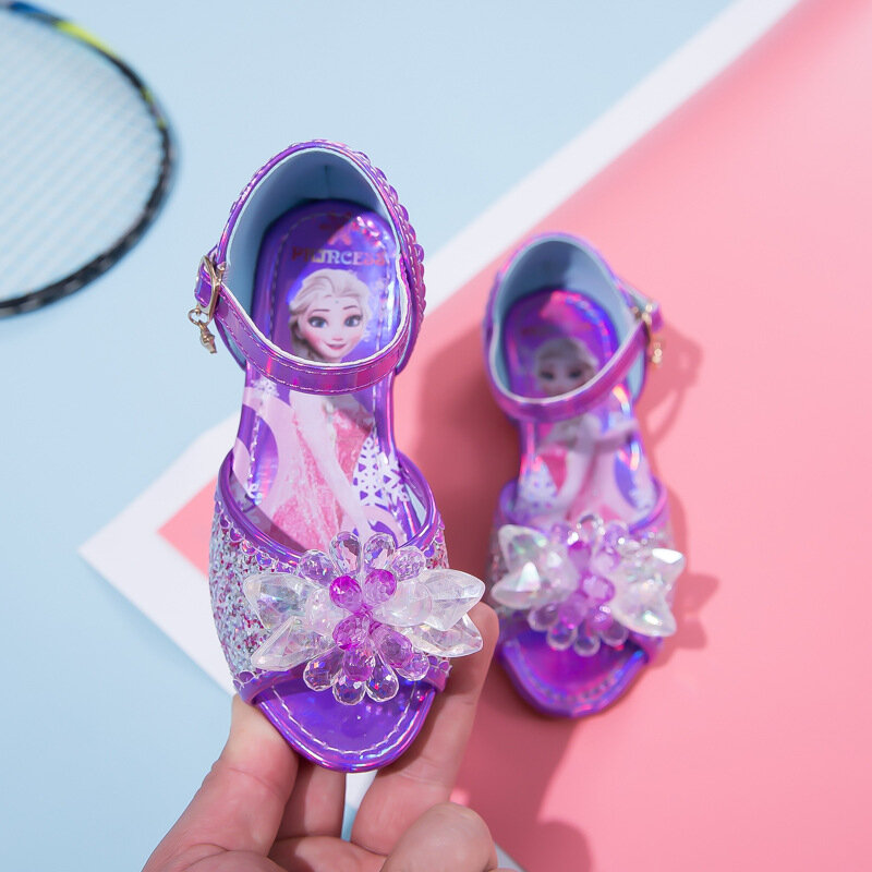 Disney Frozen Sandals Girls 2022 New Summer Fish Mouth Children Princess Elsa Crystal Shoes Little Girl Frozen Flat Heel Shoes