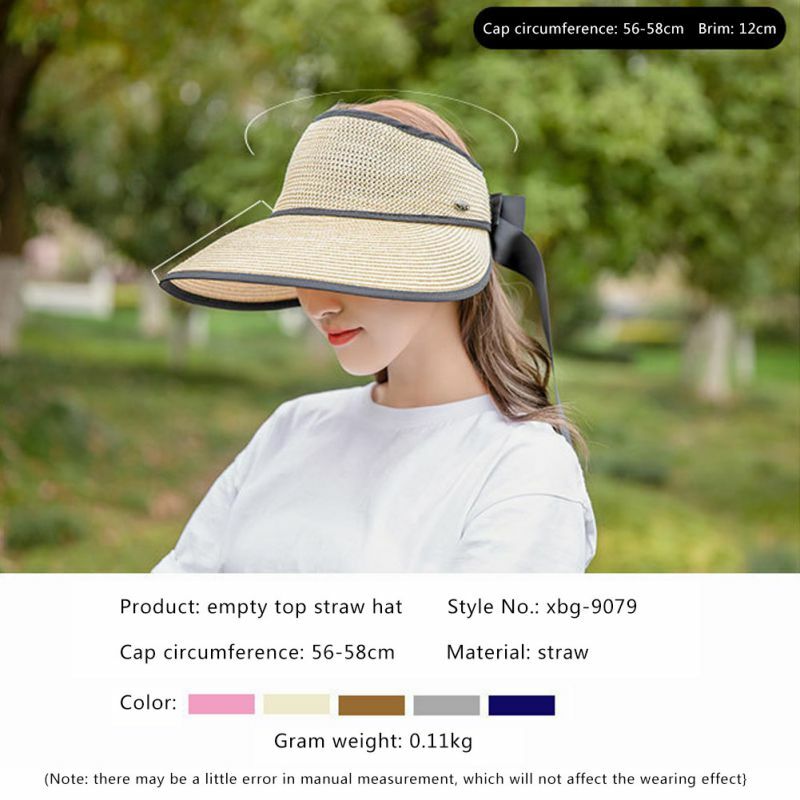 Visera de verano vacía para mujer, sombrero de paja de ala ancha, informal, transpirable, plegable, ajustable, para viaje y playa