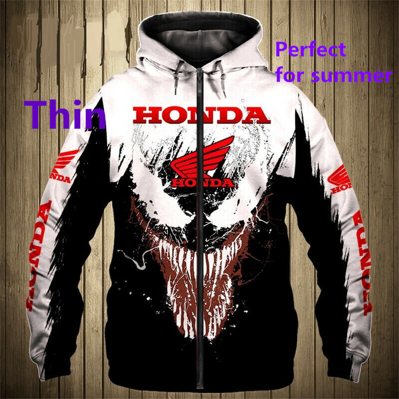 Hoodie Ritsleting Honda 3D Hoodie Sayap Honda Sweter Kasual Logo Motor Pria Bertudung Jaket Balap Mobil Harajuku