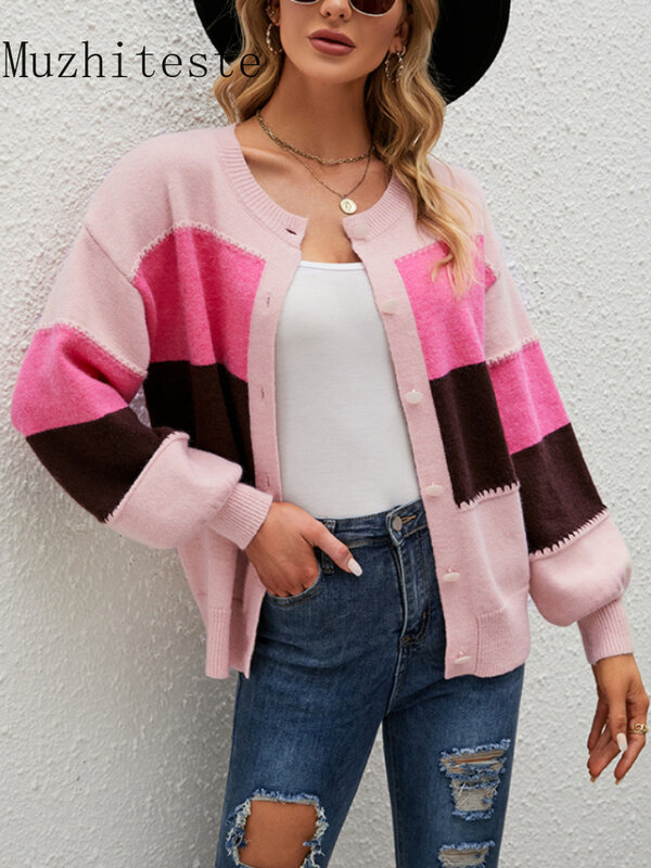 New Cardigan for Women Autumn Winter New Loose Women's Sweater Striped Color Matching Jacket Knitted Cardigan Streetwear Coats
