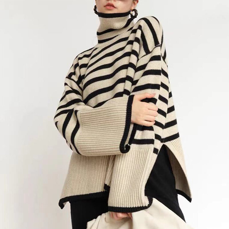 Осенне-зимний теплый женский свитер с высоким воротником Модный пуловер в полоску оверсайз с разрезом по бокам и длинными рукавами вязаные женские топы 2022