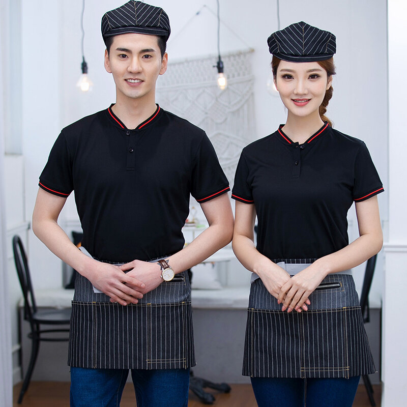 S a 4xl tamanho grande restaurante garçom uniforme do hotel verão trabalhando t shirt + avental conjunto catering garçonete trabalho roupas frete grátis