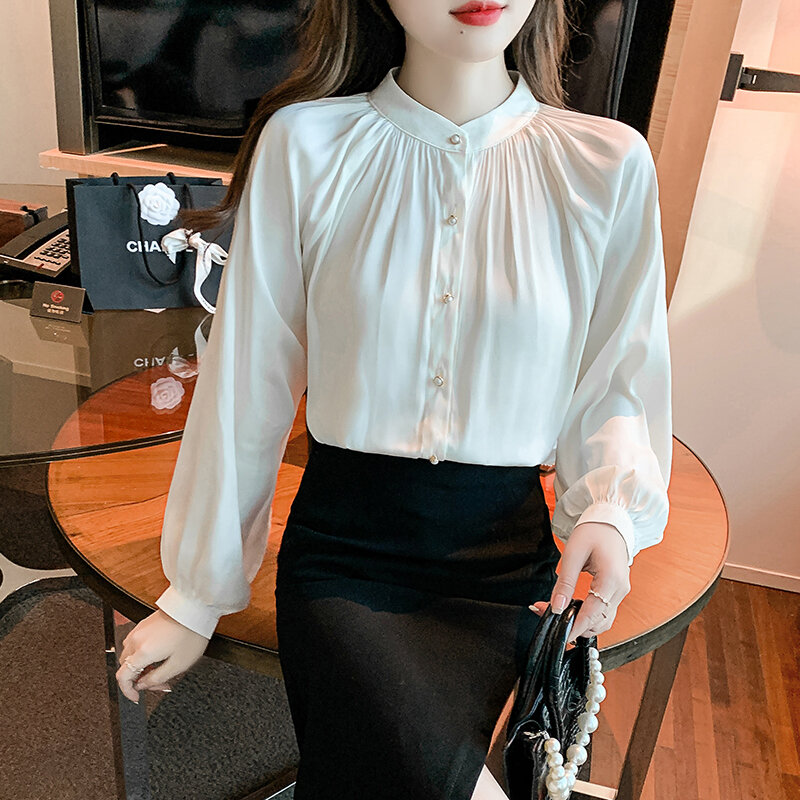 Camicia da donna accogliente colletto alla coreana in raso sciolto manica lunga lanterna raso femminile tempo libero Top Dropshipping camicia da lavoro da donna per ufficio