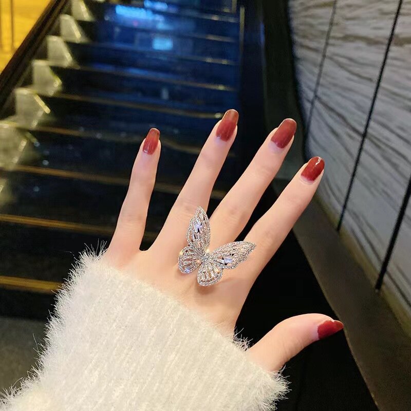 Luxo super fada diamante borboleta indicador aberto dedo anel ins moda coreano oriente portão net vermelho fresco vento anel feminino