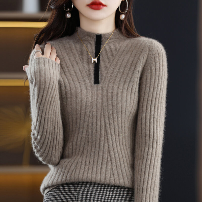 100% lã de malha feminina nova camisola meia altura assentamento camisa no outono e inverno é versátil, solto e fino