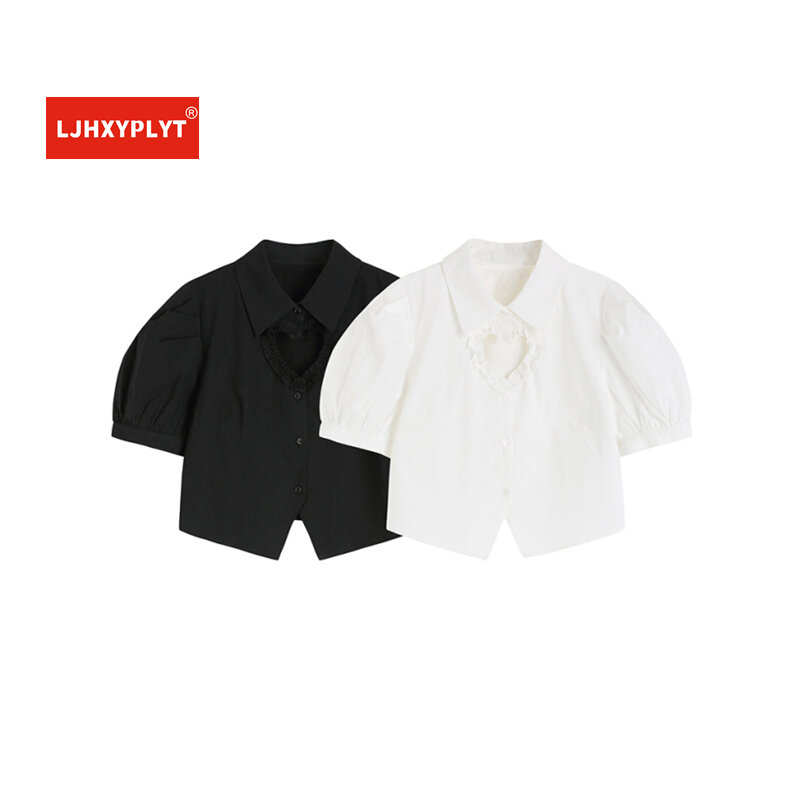 Amor oco manga curta camisa preta das mulheres verão novo design estilo de escritório manga curta puff blusa branca feminina simples topos