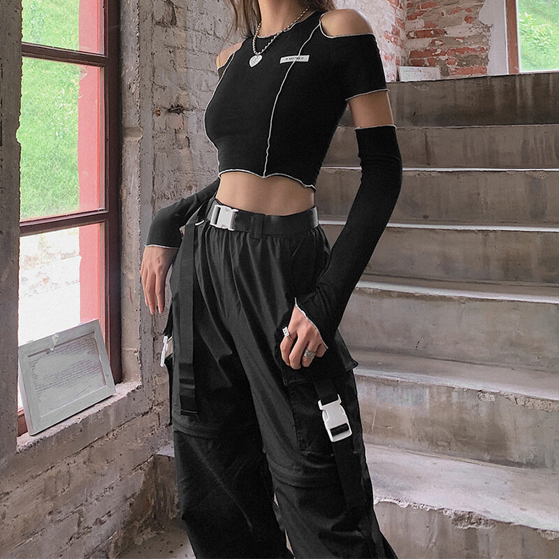 유럽과 미국 2022 인기있는 패션 레이블 슬림 솔리드 컬러 라운드 넥 Strapless 짧은 t-셔츠 여성 의류