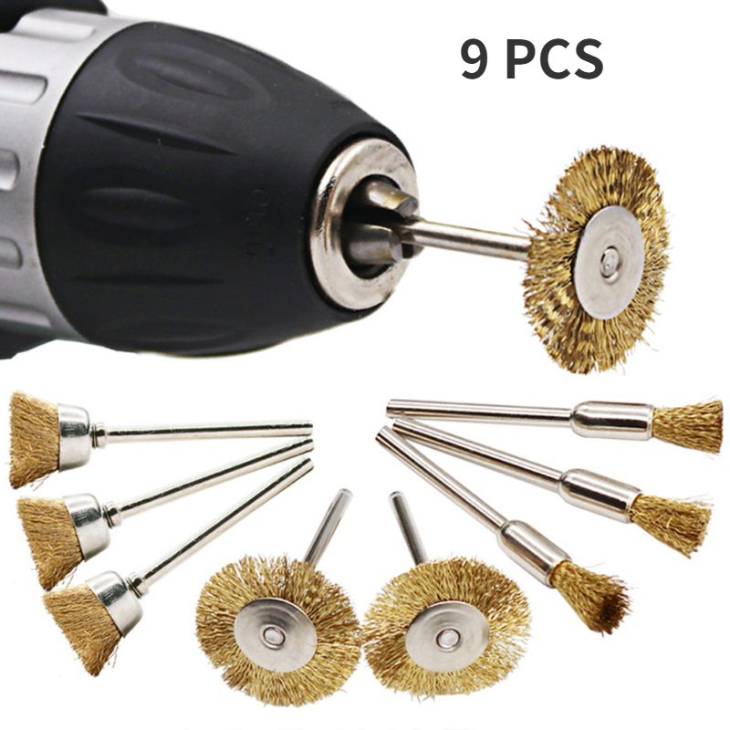 Mini cepillo de latón de alambre de acero, herramienta rotativa para taladro Dremel, pulido, rueda de molienda, accesorios de cepillo pequeño en forma de T, 9 unids/set