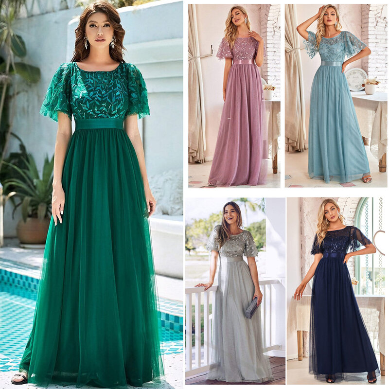 O-neck-line tiul zielone suknie wieczorowe aplikacje krótkie rękawy letnia sukienka dla kobiet długość podłogi sukienka Plus rozmiar