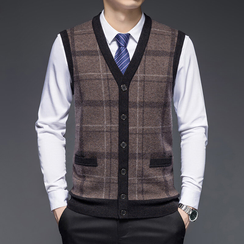 100% Pure Wool Men's Cardigan Vest Autumn and Winter New Thickened Plaid Jacquard Men's Knitted Vest