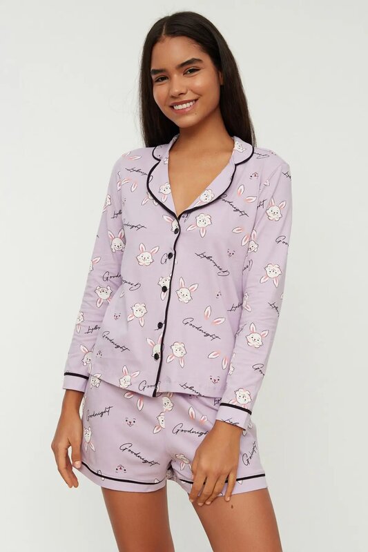 Trendyol-Conjunto de pijamas de punto con estampado, THMAW22PT0183