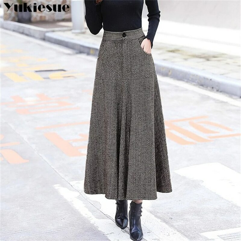 Harajuku-Falda larga de lana de cintura alta para mujer, faldas de estilo coreano, temporada otoño e invierno, 2022