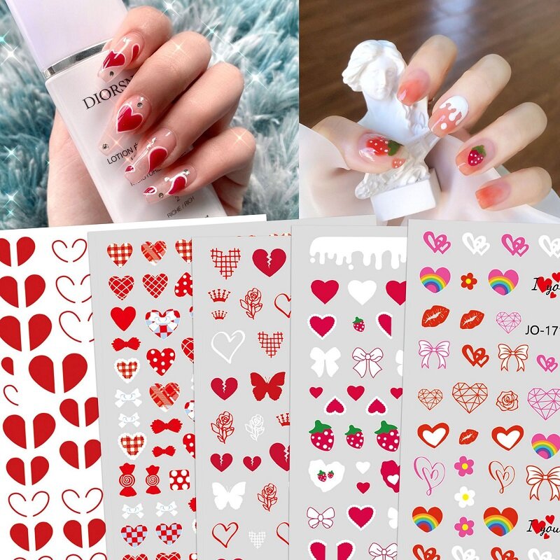 10Pcs Japanse Roze Liefde Hart Nail Sticker Vlinder Aardbei Boog-knoop Lente Zomer Nagel Charmes Nagels Accessoires En gereedschap
