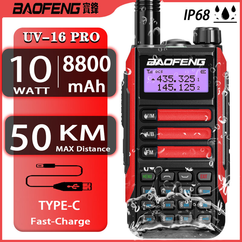 Baofeng-walkie-talkie UV-16 PRO de alta potencia, 10W, mejorado de UV-5R, IP68, resistente al agua, 50KM de largo alcance, banda Dual, Radio Ham, nuevo