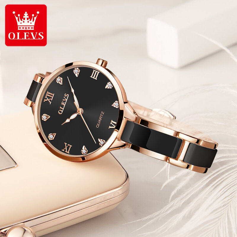 Olevs pulseira de aço inoxidável relógio de moda para mulher à prova dwaterproof água quartzo cerâmica alta qualidade